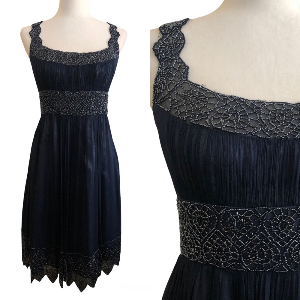 Adrianna Papell Navy Beaded Midi Dress - Size 6